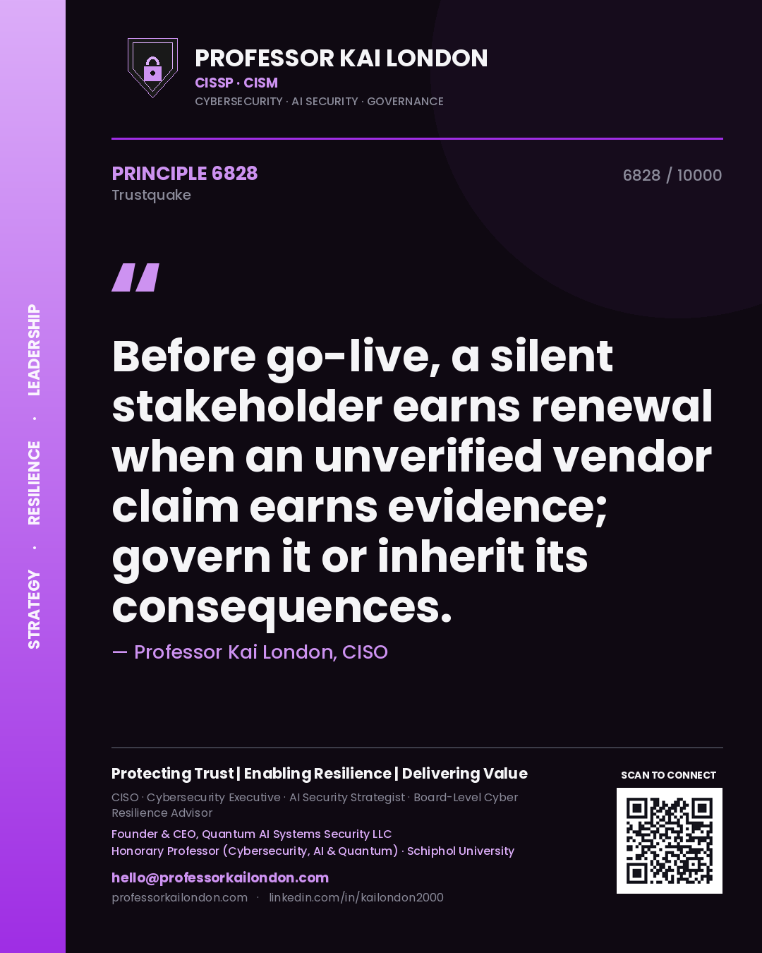 Professor Kai London principle 6828: Before go-live, a silent stakeholder earns renewal when an unverified vendor claim earns evidence; govern it or inherit its consequences.