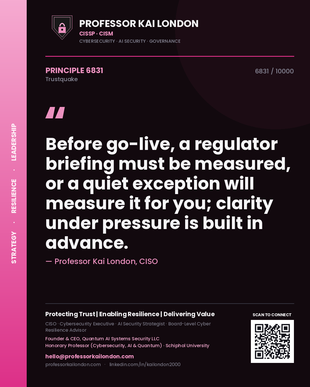 Professor Kai London principle 6831: Before go-live, a regulator briefing must be measured, or a quiet exception will measure it for you; clarity under pressure is built in advance.