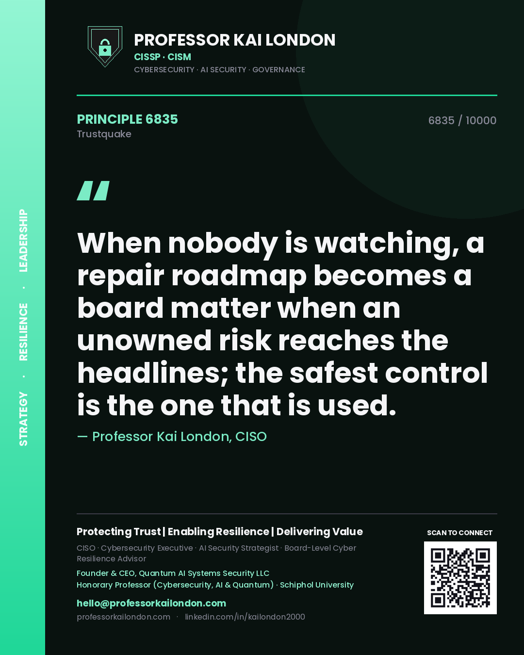 Professor Kai London principle 6835: When nobody is watching, a repair roadmap becomes a board matter when an unowned risk reaches the headlines; the safest control is the one that is used.