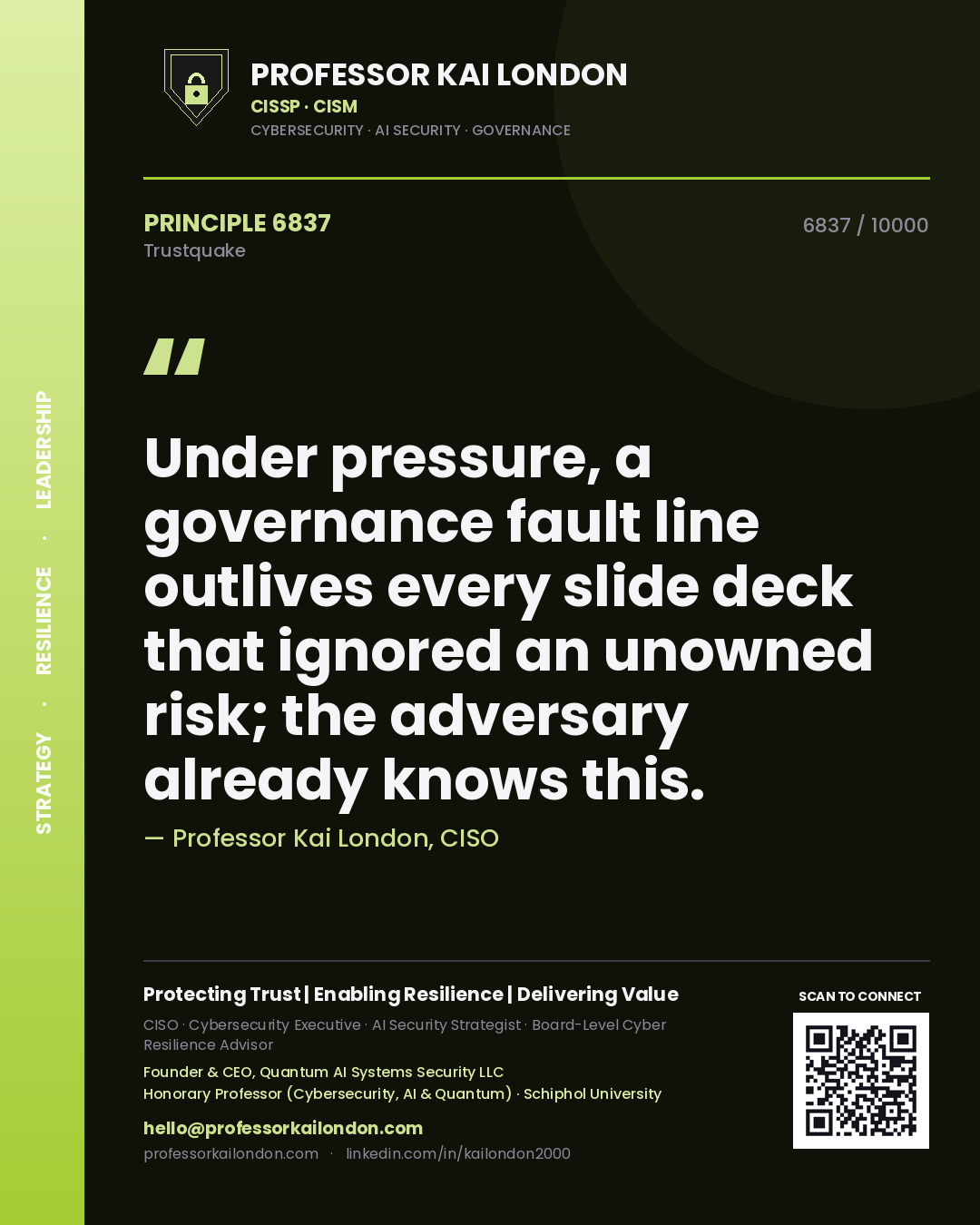 Professor Kai London principle 6837: Under pressure, a governance fault line outlives every slide deck that ignored an unowned risk; the adversary already knows this.