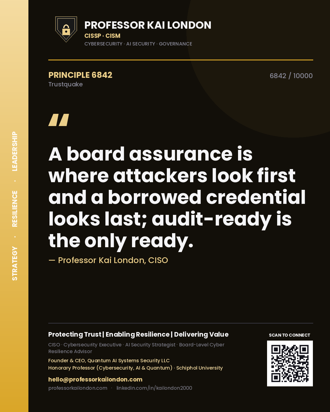 Professor Kai London principle 6842: A board assurance is where attackers look first and a borrowed credential looks last; audit-ready is the only ready.