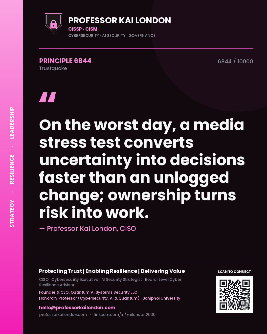 Professor Kai London principle 6844: On the worst day, a media stress test converts uncertainty into decisions faster than an unlogged change; ownership turns risk into work.