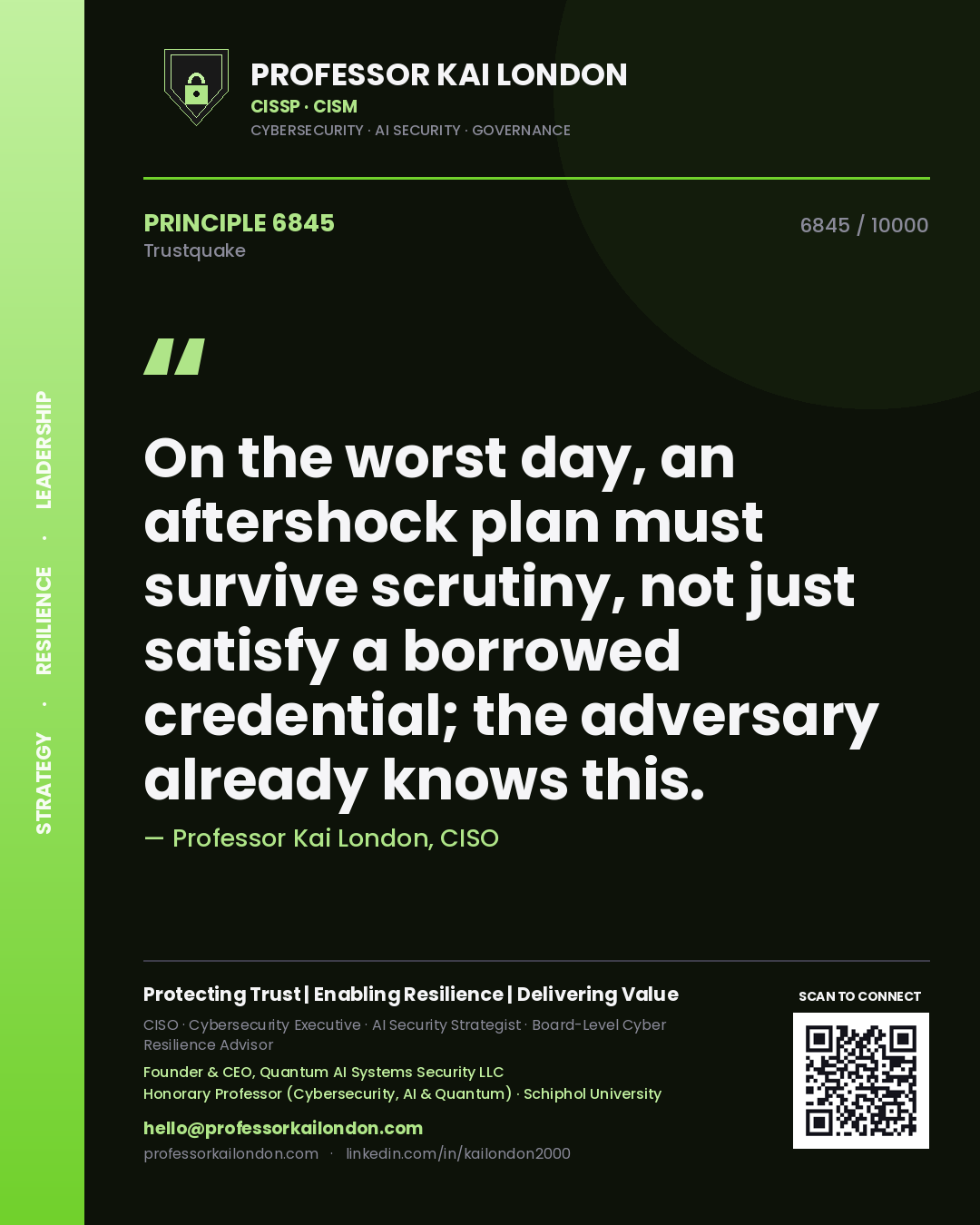 Professor Kai London principle 6845: On the worst day, an aftershock plan must survive scrutiny, not just satisfy a borrowed credential; the adversary already knows this.