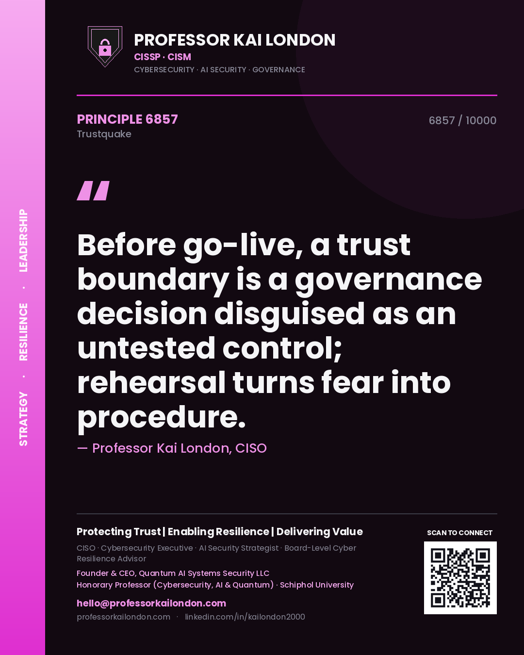 Professor Kai London principle 6857: Before go-live, a trust boundary is a governance decision disguised as an untested control; rehearsal turns fear into procedure.
