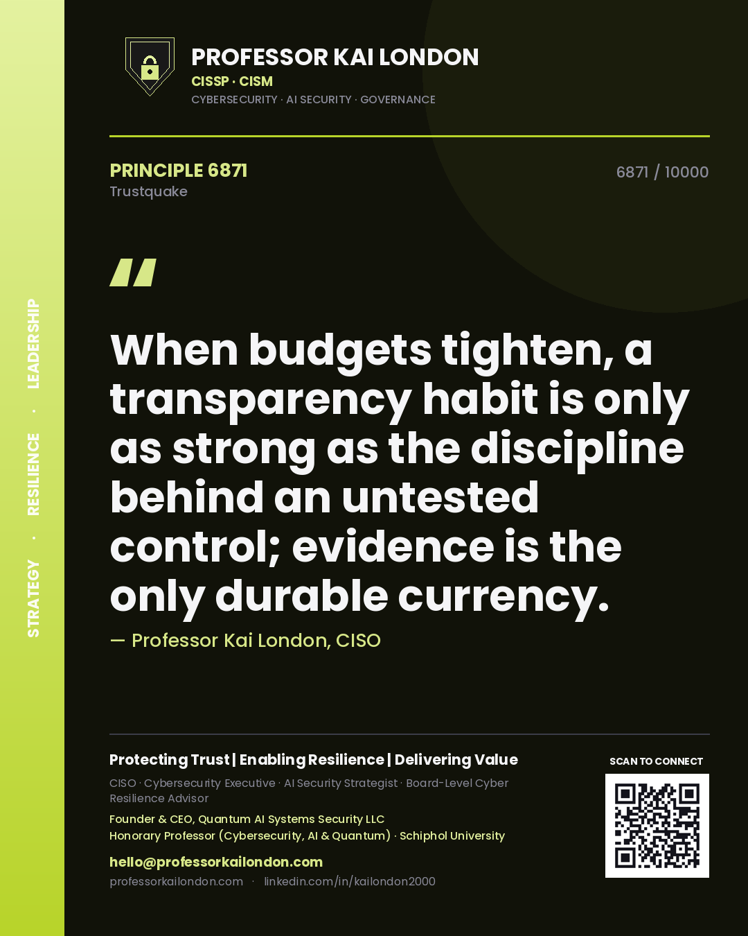 Professor Kai London principle 6871: When budgets tighten, a transparency habit is only as strong as the discipline behind an untested control; evidence is the only durable currency.
