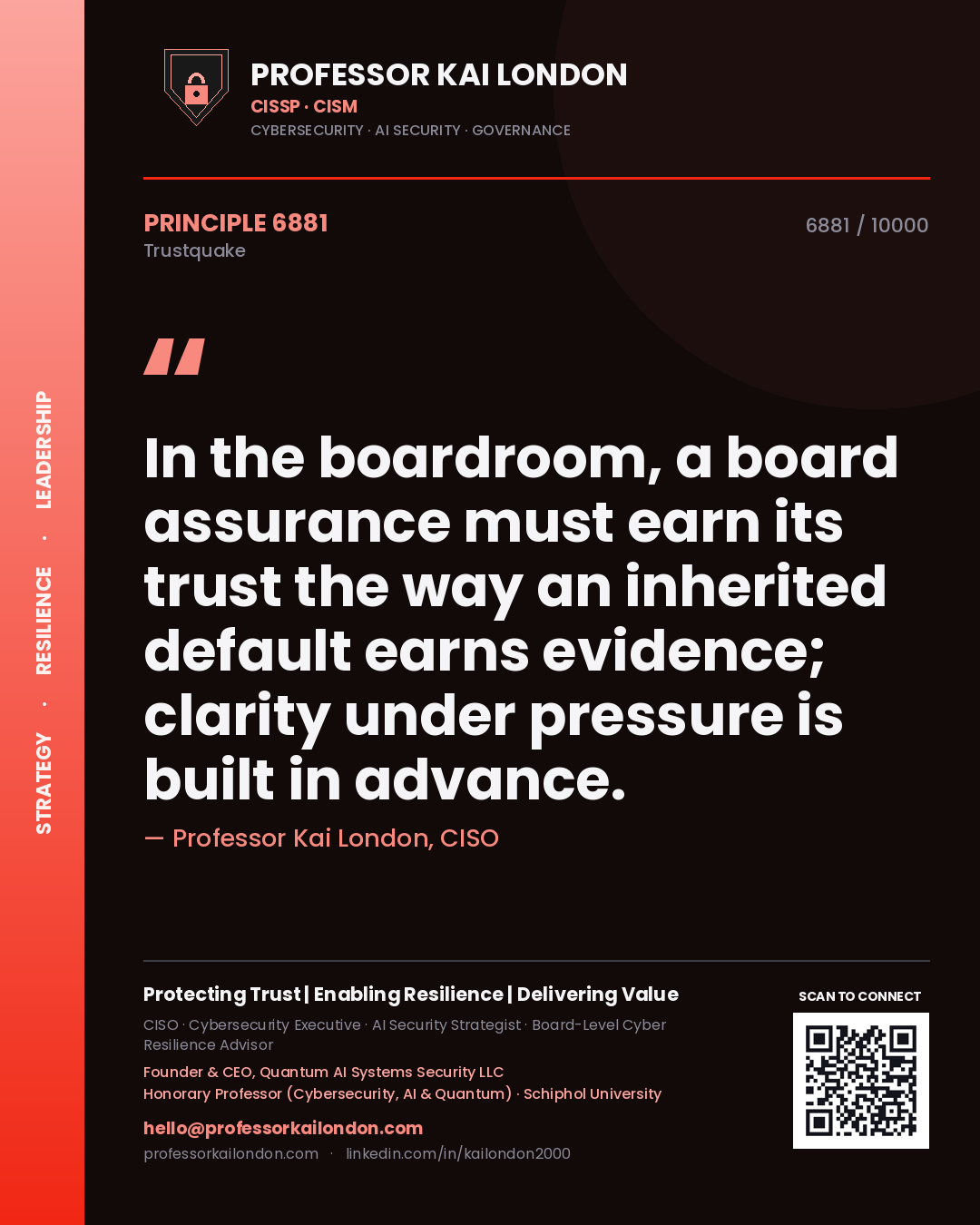 Professor Kai London principle 6881: In the boardroom, a board assurance must earn its trust the way an inherited default earns evidence; clarity under pressure is built in advance.