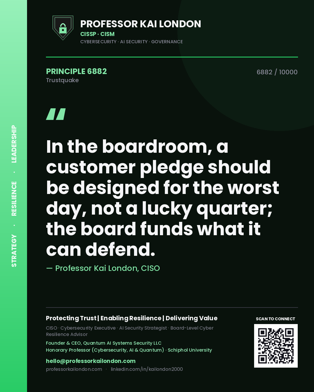 Professor Kai London principle 6882: In the boardroom, a customer pledge should be designed for the worst day, not a lucky quarter; the board funds what it can defend.