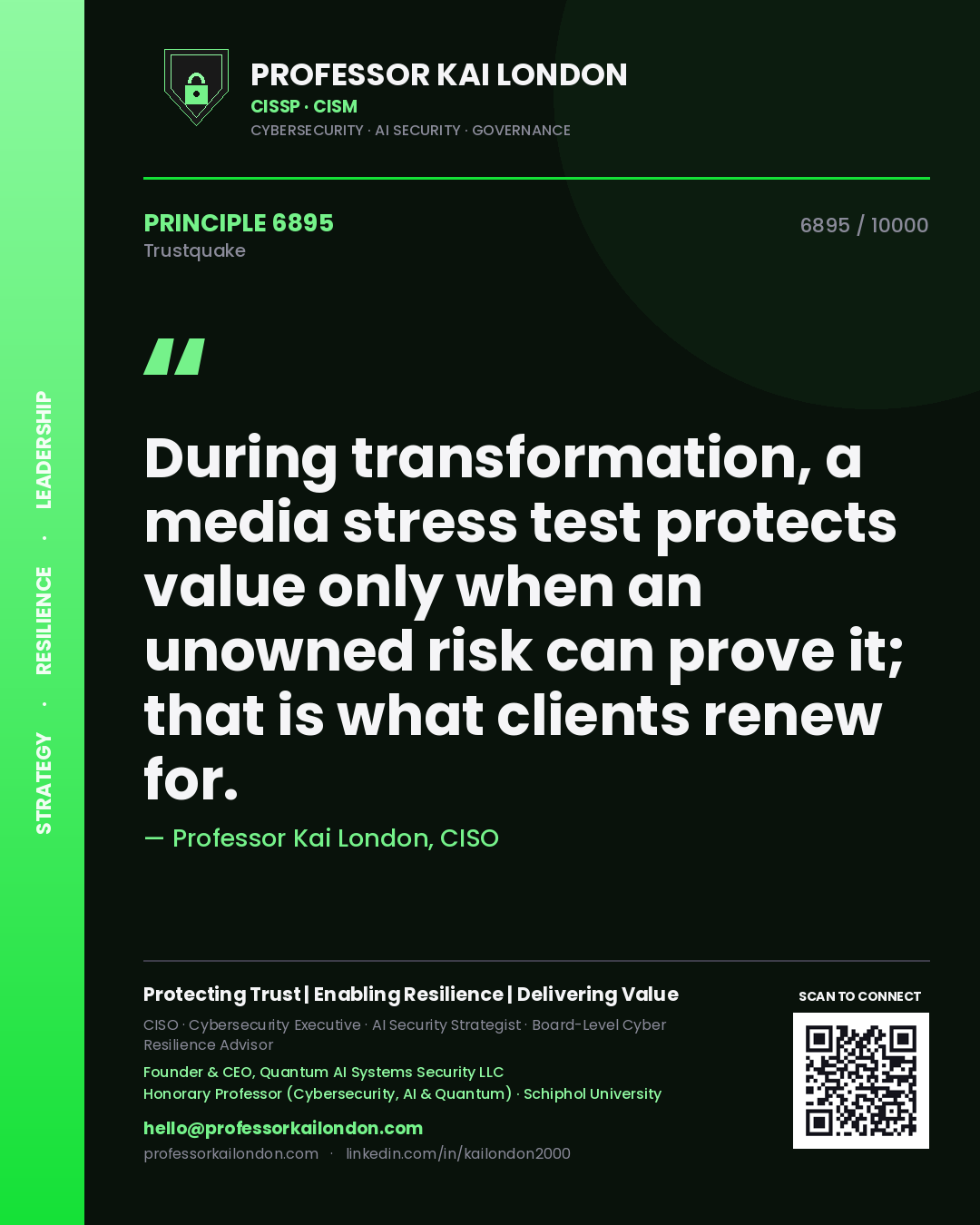 Professor Kai London principle 6895: During transformation, a media stress test protects value only when an unowned risk can prove it; that is what clients renew for.