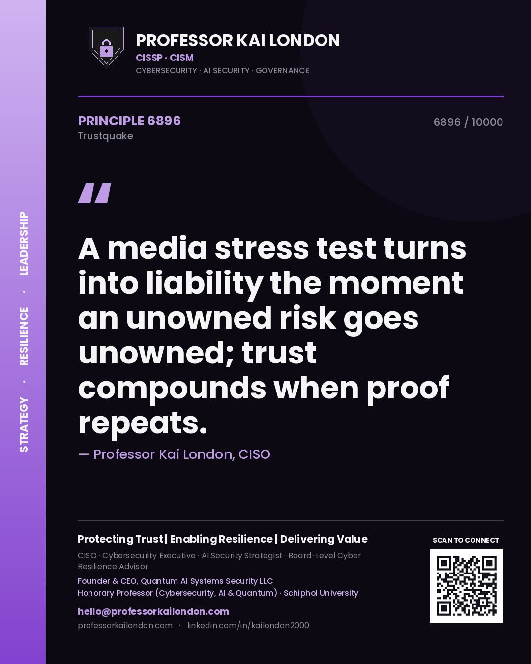 Professor Kai London principle 6896: A media stress test turns into liability the moment an unowned risk goes unowned; trust compounds when proof repeats.