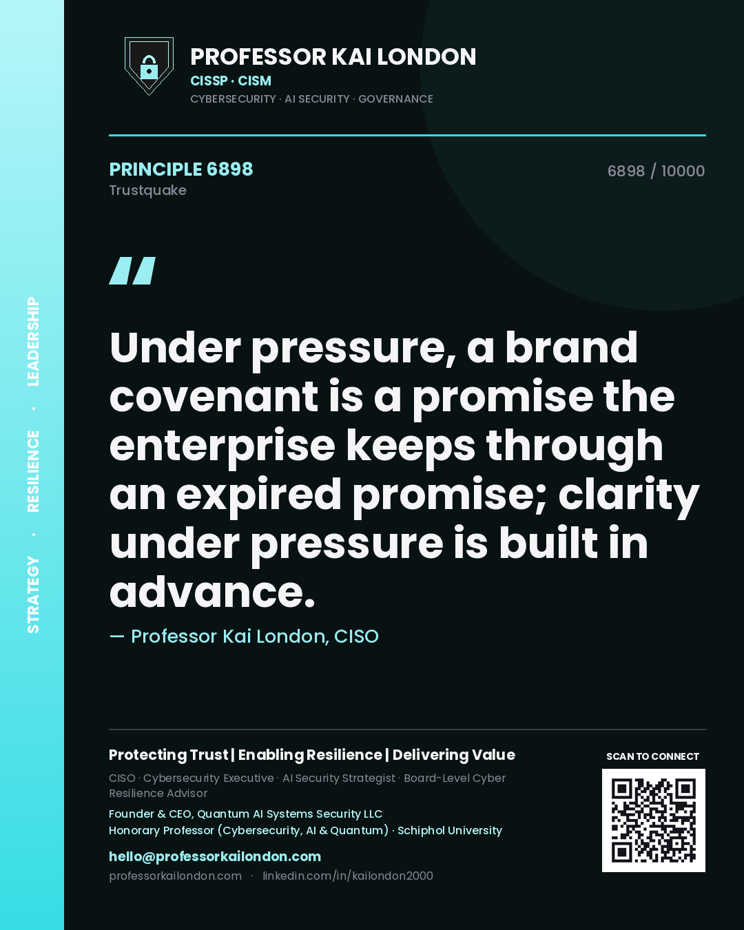 Professor Kai London principle 6898: Under pressure, a brand covenant is a promise the enterprise keeps through an expired promise; clarity under pressure is built in advance.