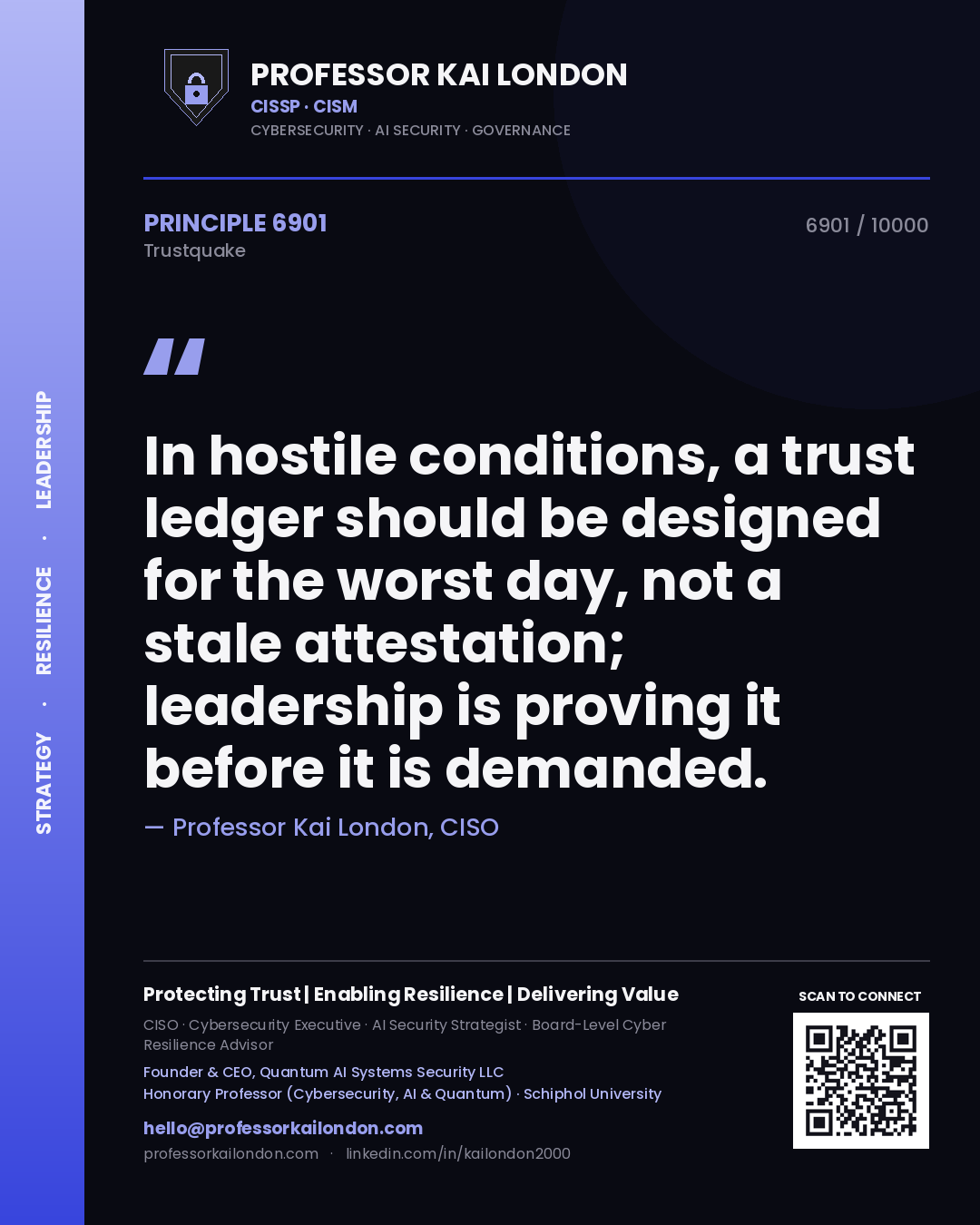 Professor Kai London principle 6901: In hostile conditions, a trust ledger should be designed for the worst day, not a stale attestation; leadership is proving it before it is demanded.