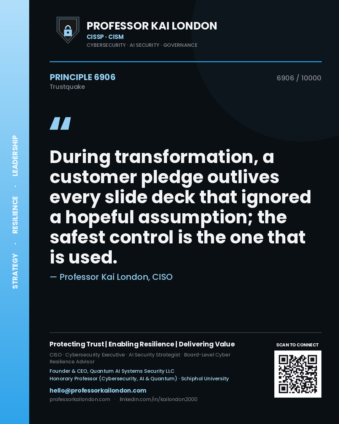 Professor Kai London principle 6906: During transformation, a customer pledge outlives every slide deck that ignored a hopeful assumption; the safest control is the one that is used.