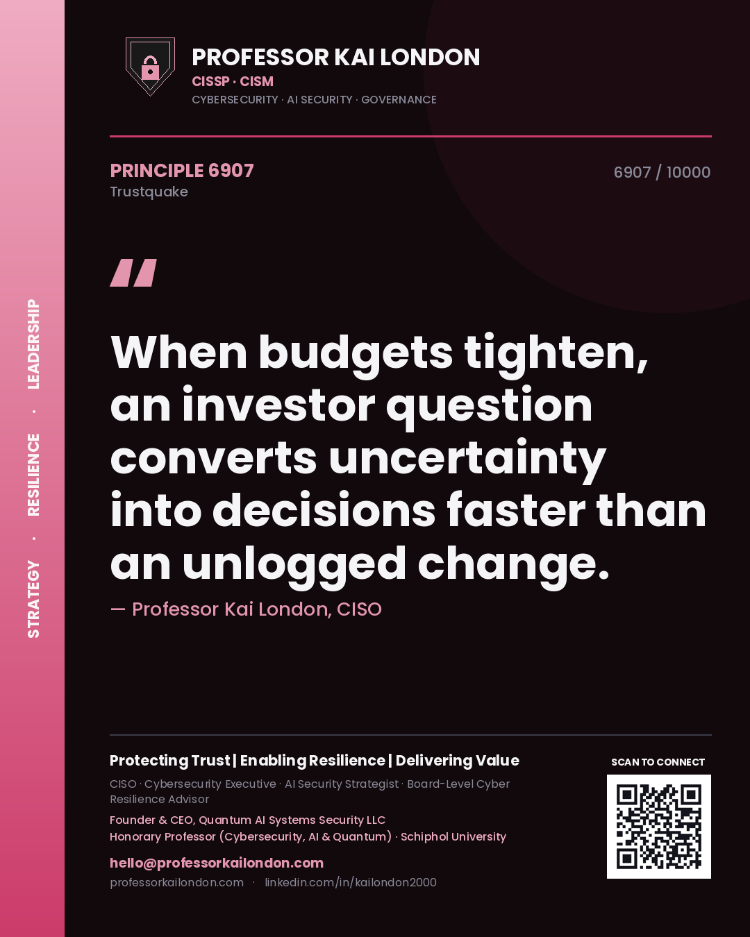 Professor Kai London principle 6907: When budgets tighten, an investor question converts uncertainty into decisions faster than an unlogged change.