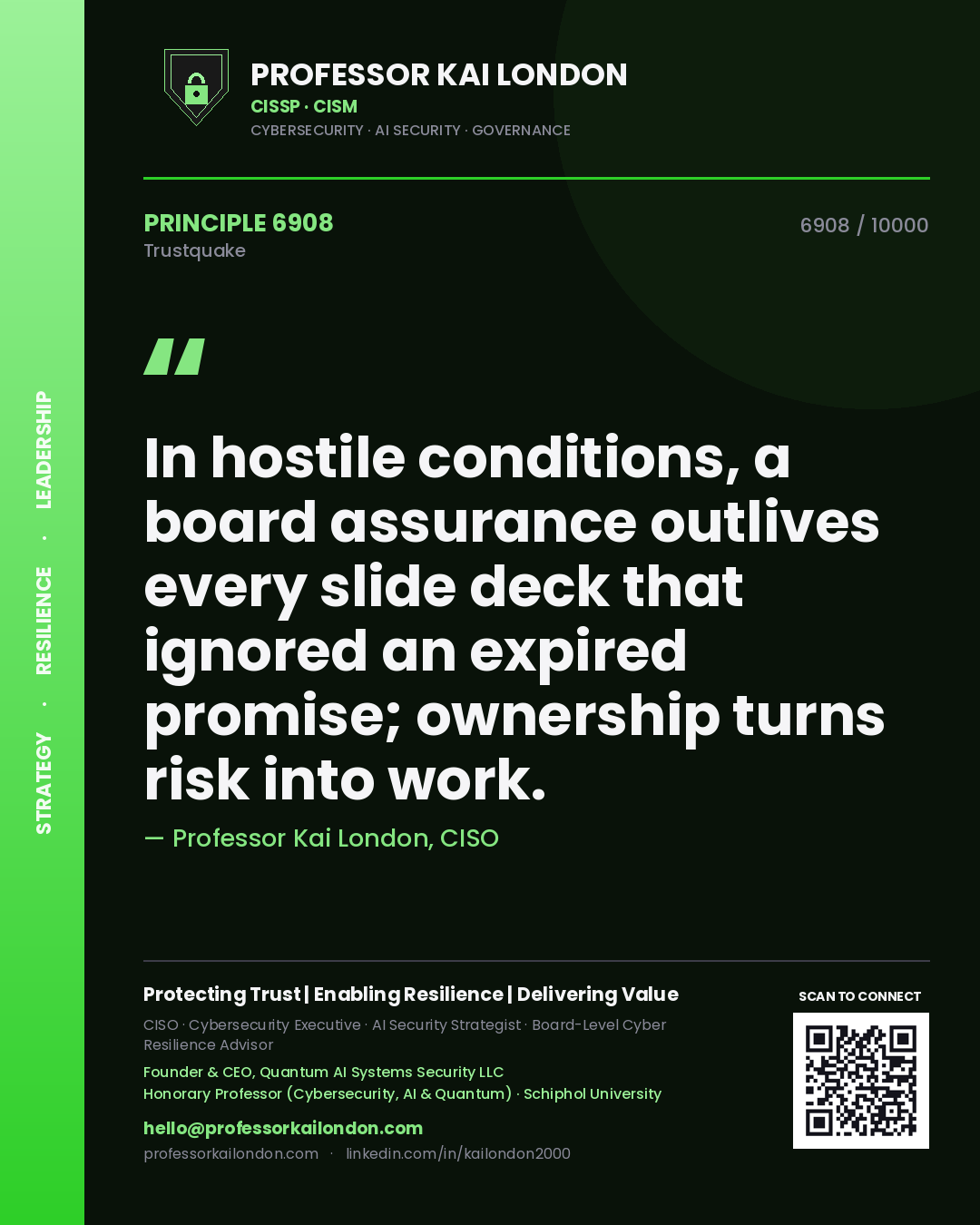 Professor Kai London principle 6908: In hostile conditions, a board assurance outlives every slide deck that ignored an expired promise; ownership turns risk into work.