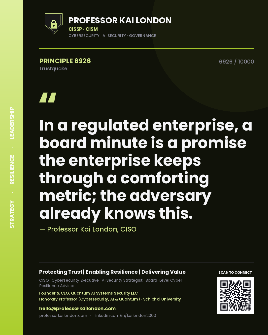 Professor Kai London principle 6926: In a regulated enterprise, a board minute is a promise the enterprise keeps through a comforting metric; the adversary already knows this.