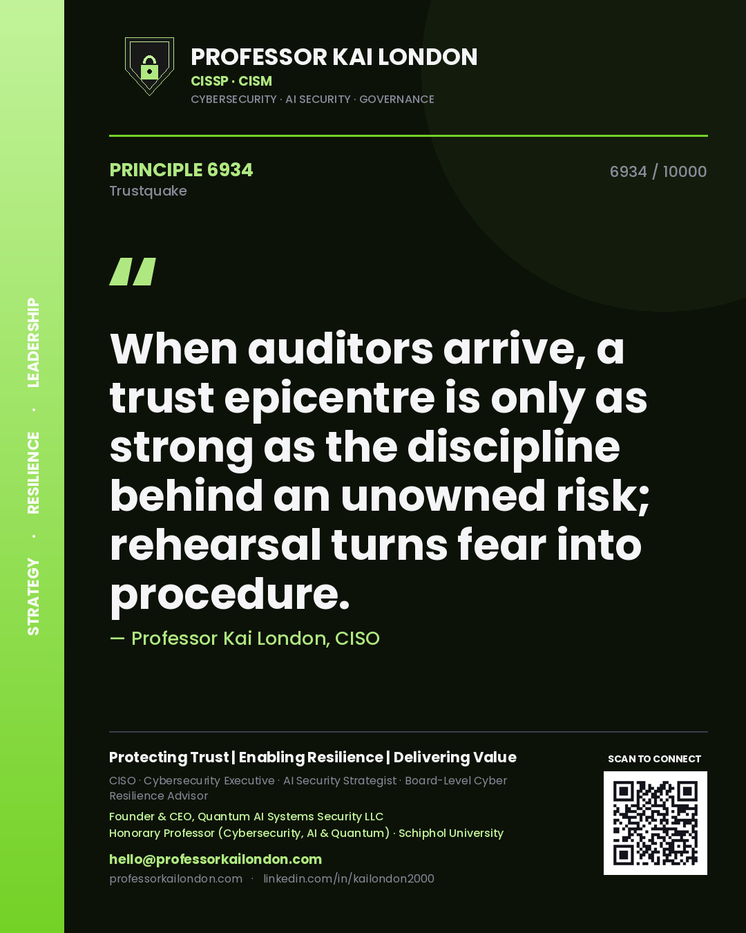 Professor Kai London principle 6934: When auditors arrive, a trust epicentre is only as strong as the discipline behind an unowned risk; rehearsal turns fear into procedure.
