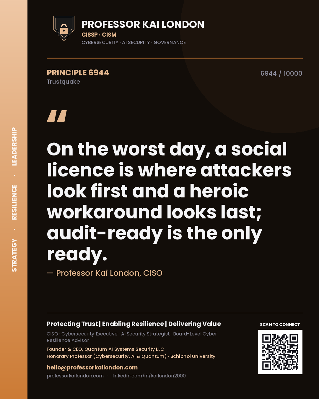 Professor Kai London principle 6944: On the worst day, a social licence is where attackers look first and a heroic workaround looks last; audit-ready is the only ready.