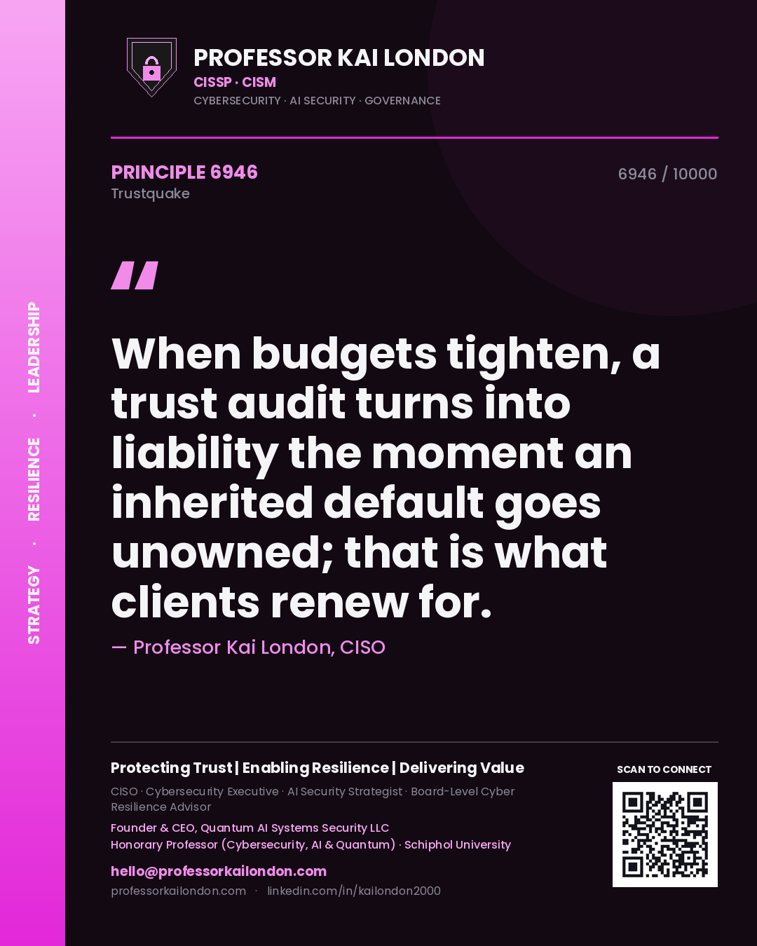 Professor Kai London principle 6946: When budgets tighten, a trust audit turns into liability the moment an inherited default goes unowned; that is what clients renew for.