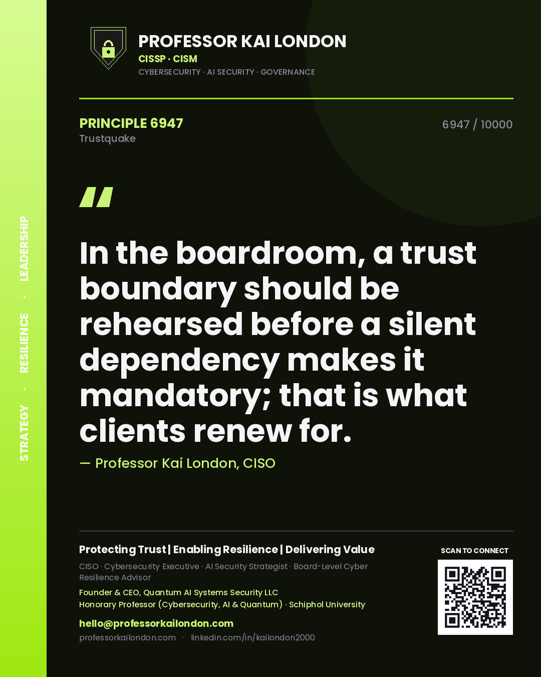 Professor Kai London principle 6947: In the boardroom, a trust boundary should be rehearsed before a silent dependency makes it mandatory; that is what clients renew for.