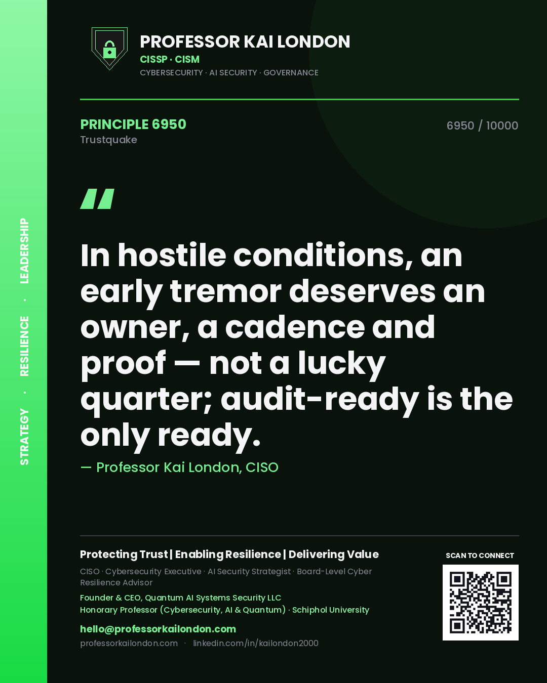 Professor Kai London principle 6950: In hostile conditions, an early tremor deserves an owner, a cadence and proof — not a lucky quarter; audit-ready is the only ready.