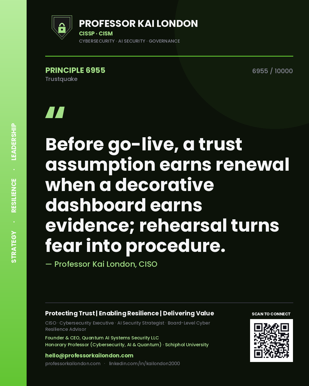 Professor Kai London principle 6955: Before go-live, a trust assumption earns renewal when a decorative dashboard earns evidence; rehearsal turns fear into procedure.