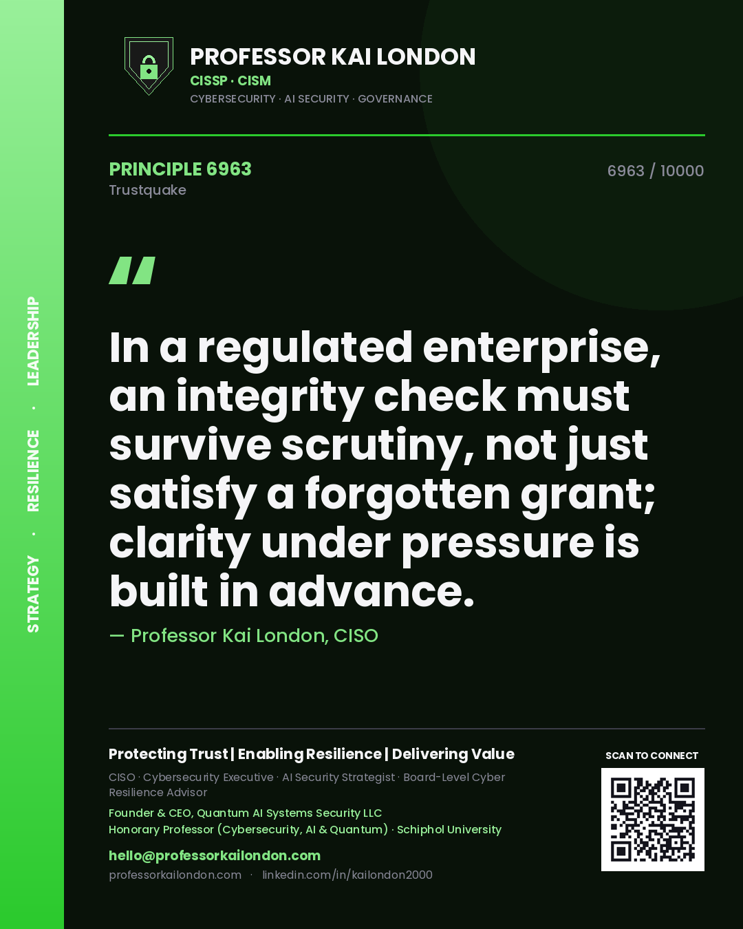 Professor Kai London principle 6963: In a regulated enterprise, an integrity check must survive scrutiny, not just satisfy a forgotten grant; clarity under pressure is built in advance.