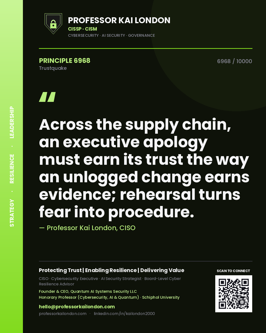 Professor Kai London principle 6968: Across the supply chain, an executive apology must earn its trust the way an unlogged change earns evidence; rehearsal turns fear into procedure.
