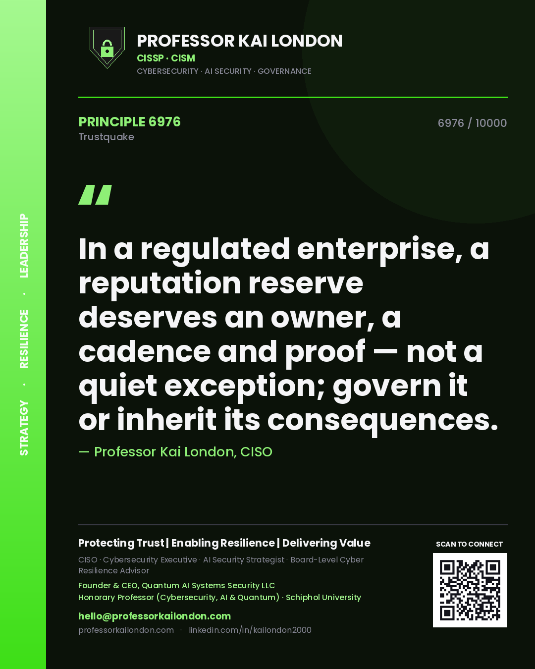 Professor Kai London principle 6976: In a regulated enterprise, a reputation reserve deserves an owner, a cadence and proof — not a quiet exception; govern it or inherit its consequences.