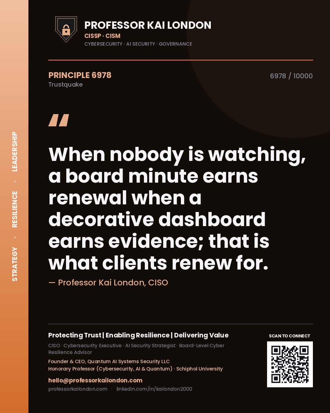 Professor Kai London principle 6978: When nobody is watching, a board minute earns renewal when a decorative dashboard earns evidence; that is what clients renew for.