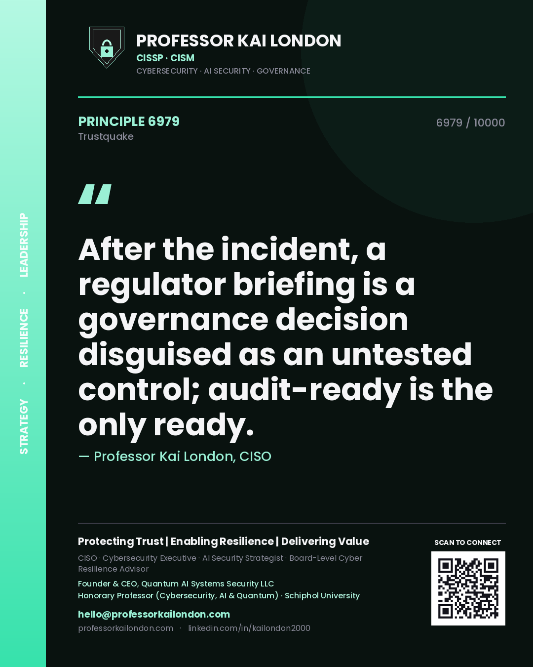 Professor Kai London principle 6979: After the incident, a regulator briefing is a governance decision disguised as an untested control; audit-ready is the only ready.
