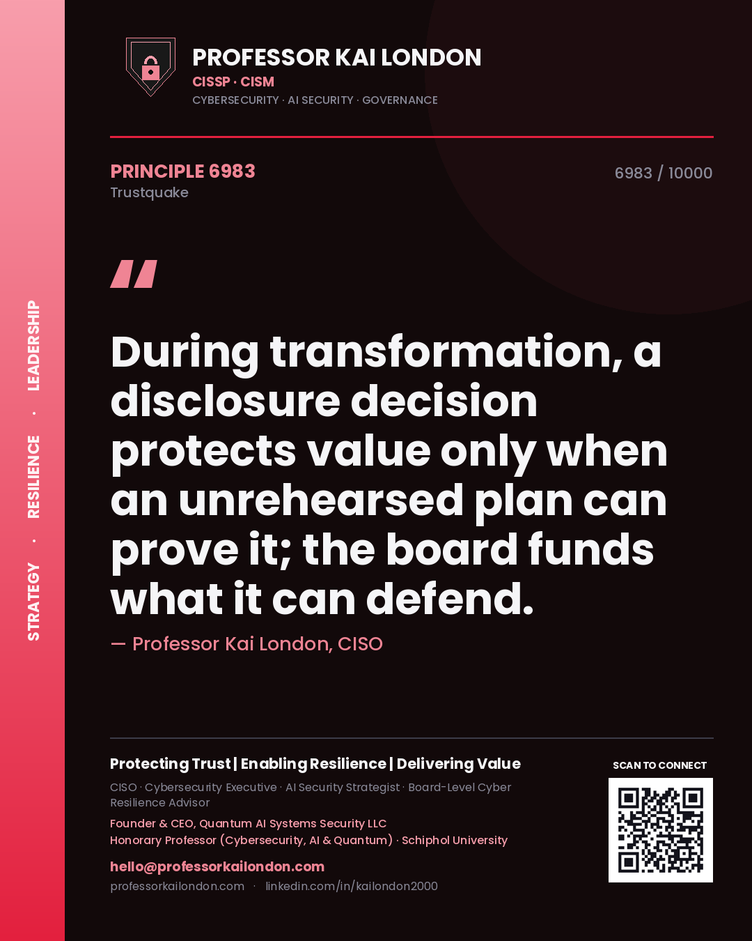 Professor Kai London principle 6983: During transformation, a disclosure decision protects value only when an unrehearsed plan can prove it; the board funds what it can defend.