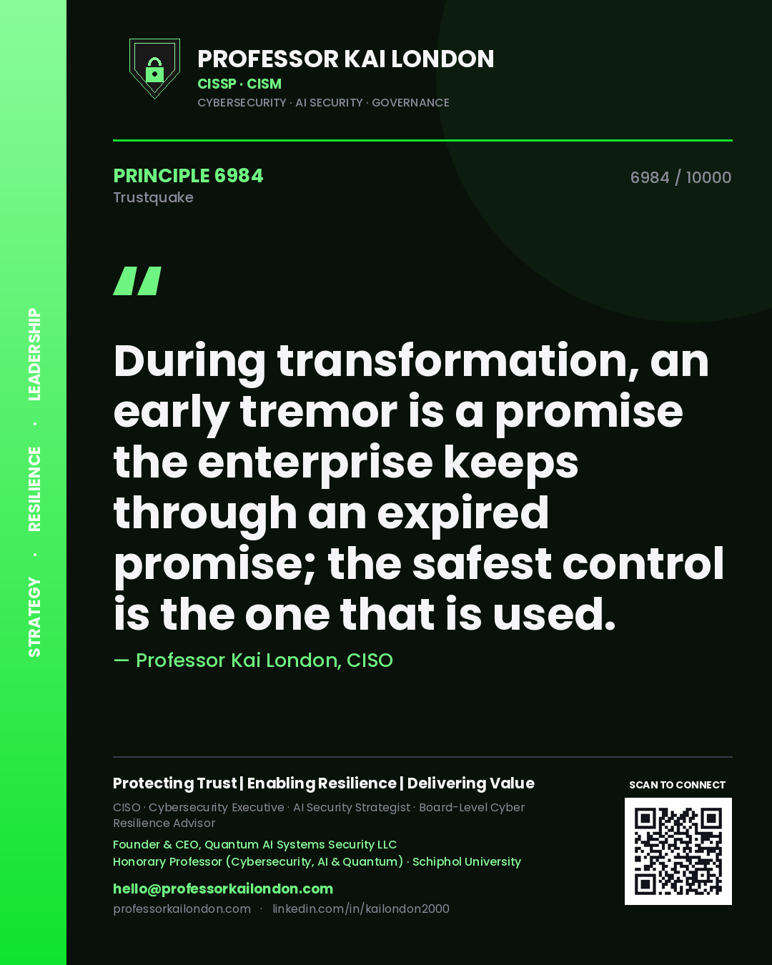Professor Kai London principle 6984: During transformation, an early tremor is a promise the enterprise keeps through an expired promise; the safest control is the one that is used.
