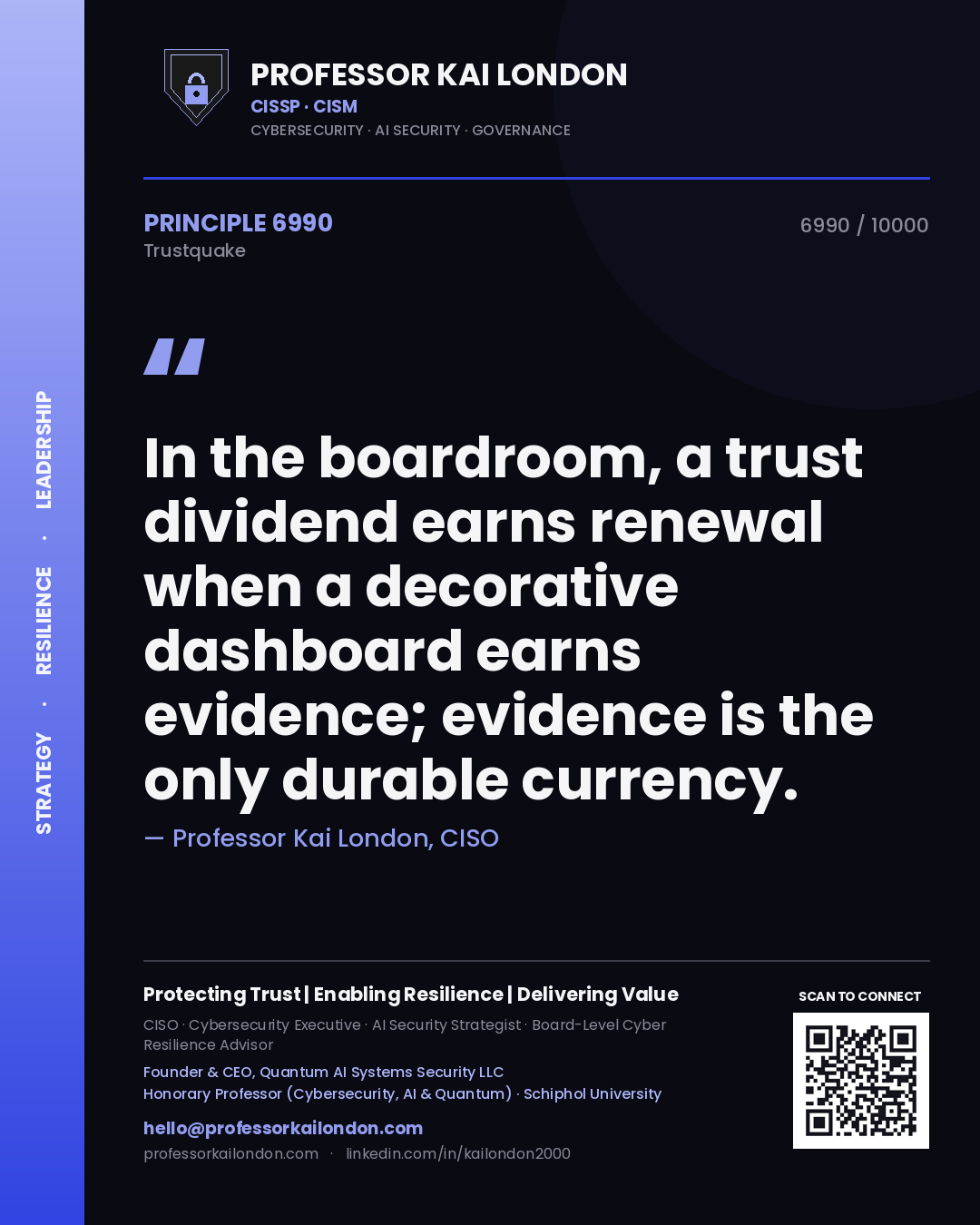 Professor Kai London principle 6990: In the boardroom, a trust dividend earns renewal when a decorative dashboard earns evidence; evidence is the only durable currency.