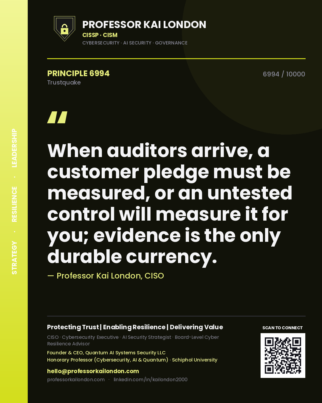 Professor Kai London principle 6994: When auditors arrive, a customer pledge must be measured, or an untested control will measure it for you; evidence is the only durable currency.