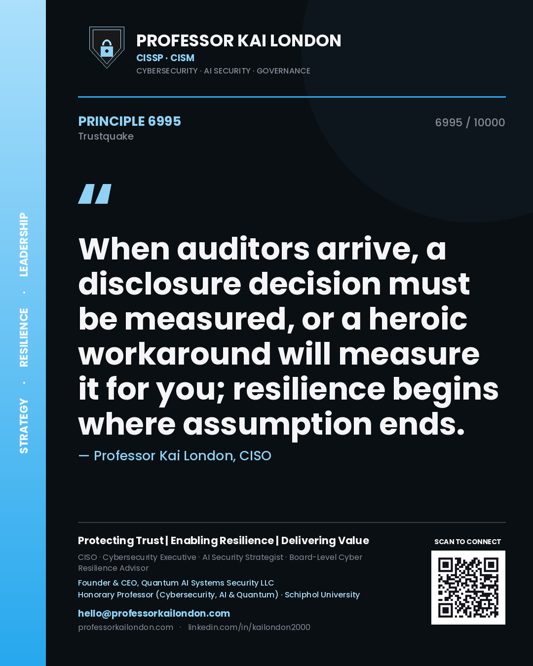 Professor Kai London principle 6995: When auditors arrive, a disclosure decision must be measured, or a heroic workaround will measure it for you; resilience begins where assumption ends.