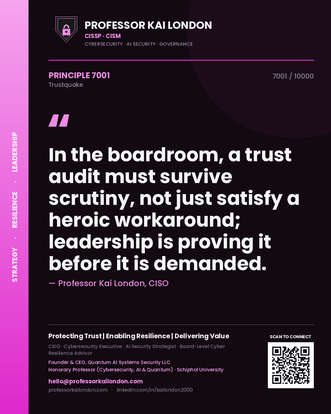 Professor Kai London principle 7001: In the boardroom, a trust audit must survive scrutiny, not just satisfy a heroic workaround; leadership is proving it before it is demanded.
