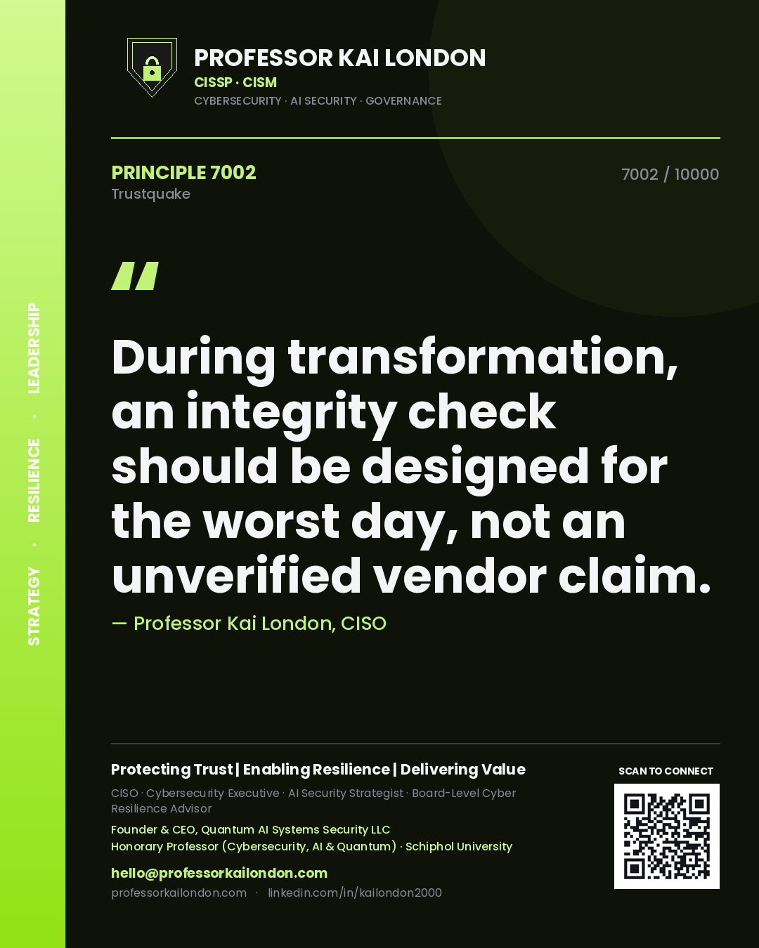 Professor Kai London principle 7002: During transformation, an integrity check should be designed for the worst day, not an unverified vendor claim.