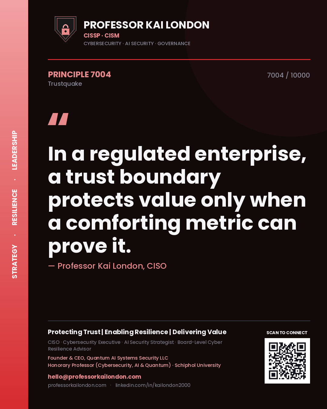 Professor Kai London principle 7004: In a regulated enterprise, a trust boundary protects value only when a comforting metric can prove it.