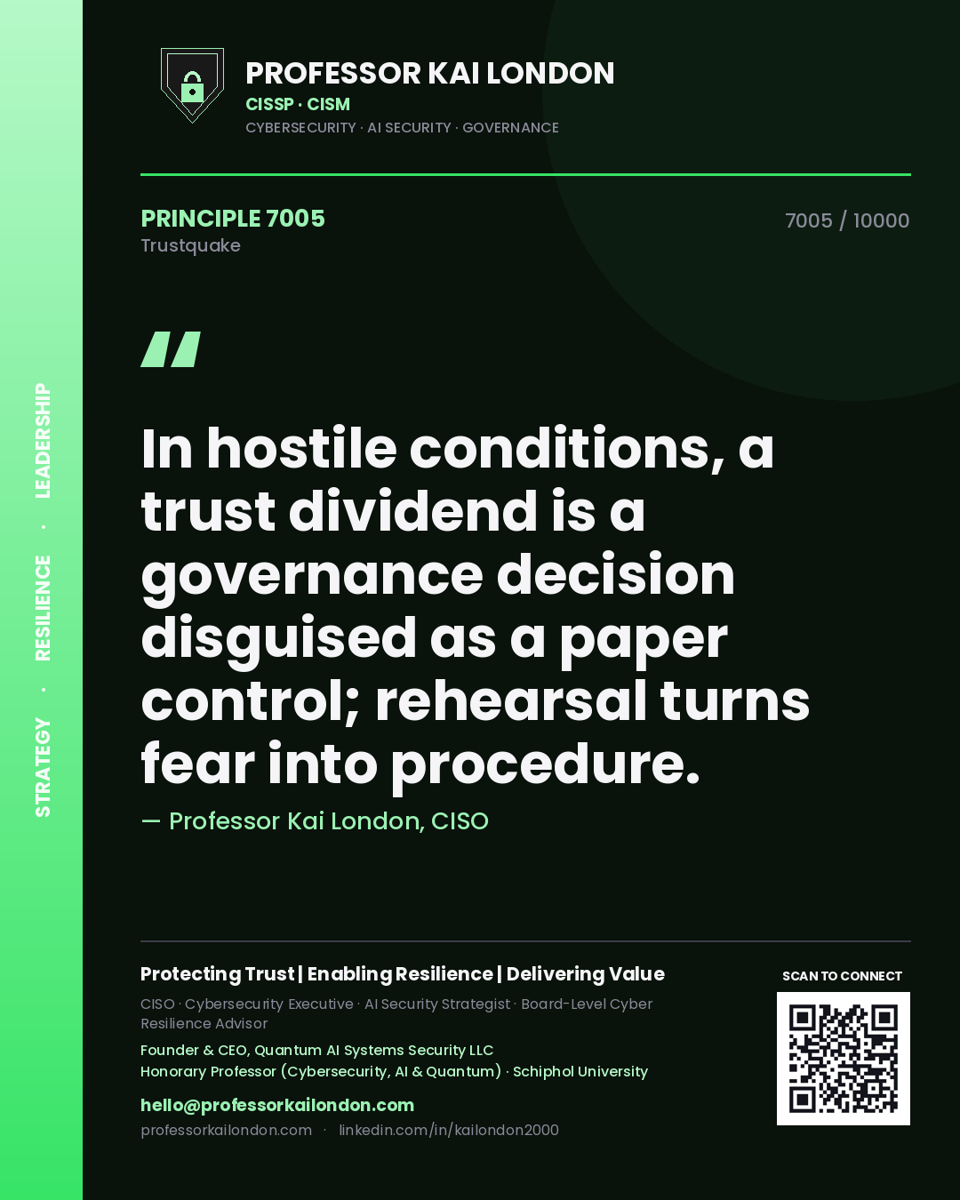 Professor Kai London principle 7005: In hostile conditions, a trust dividend is a governance decision disguised as a paper control; rehearsal turns fear into procedure.