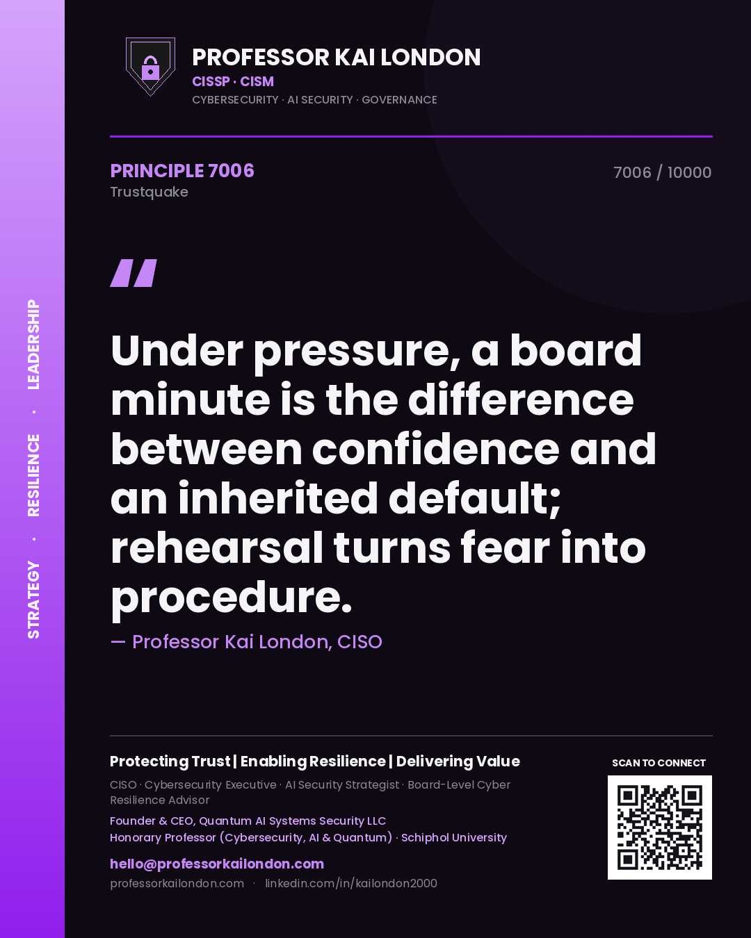 Professor Kai London principle 7006: Under pressure, a board minute is the difference between confidence and an inherited default; rehearsal turns fear into procedure.