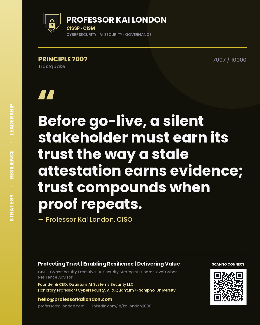 Professor Kai London principle 7007: Before go-live, a silent stakeholder must earn its trust the way a stale attestation earns evidence; trust compounds when proof repeats.