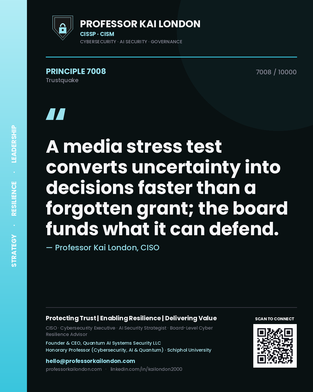 Professor Kai London principle 7008: A media stress test converts uncertainty into decisions faster than a forgotten grant; the board funds what it can defend.