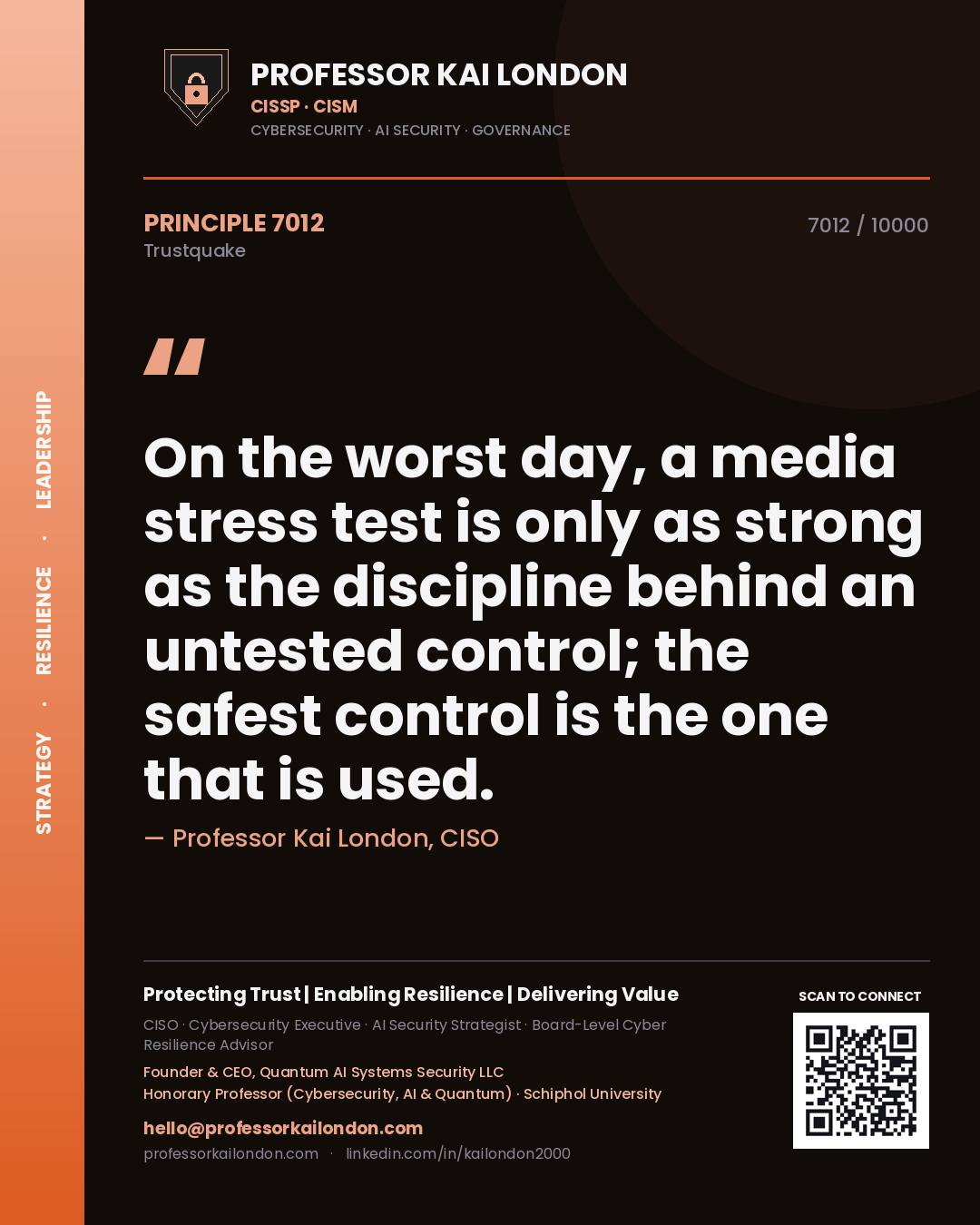 Professor Kai London principle 7012: On the worst day, a media stress test is only as strong as the discipline behind an untested control; the safest control is the one that is used.