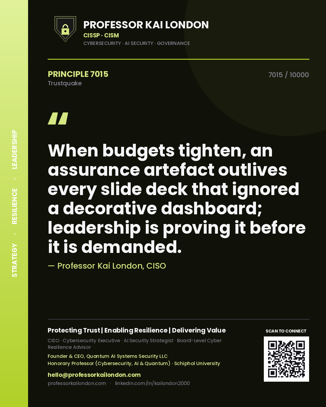 Professor Kai London principle 7015: When budgets tighten, an assurance artefact outlives every slide deck that ignored a decorative dashboard; leadership is proving it before it is demanded.