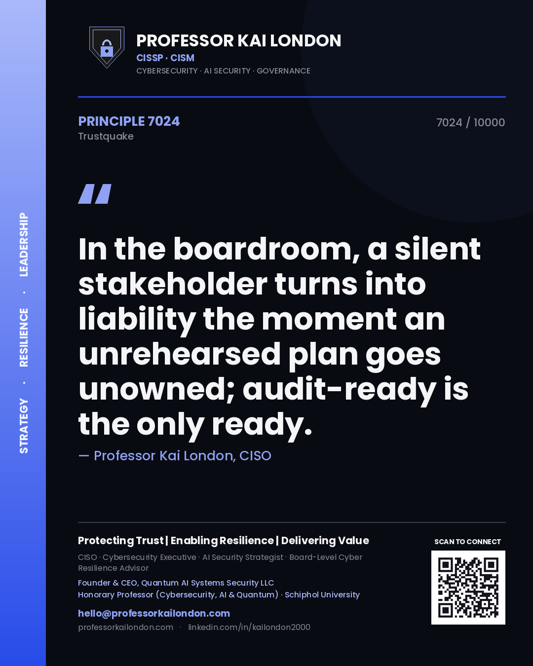 Professor Kai London principle 7024: In the boardroom, a silent stakeholder turns into liability the moment an unrehearsed plan goes unowned; audit-ready is the only ready.