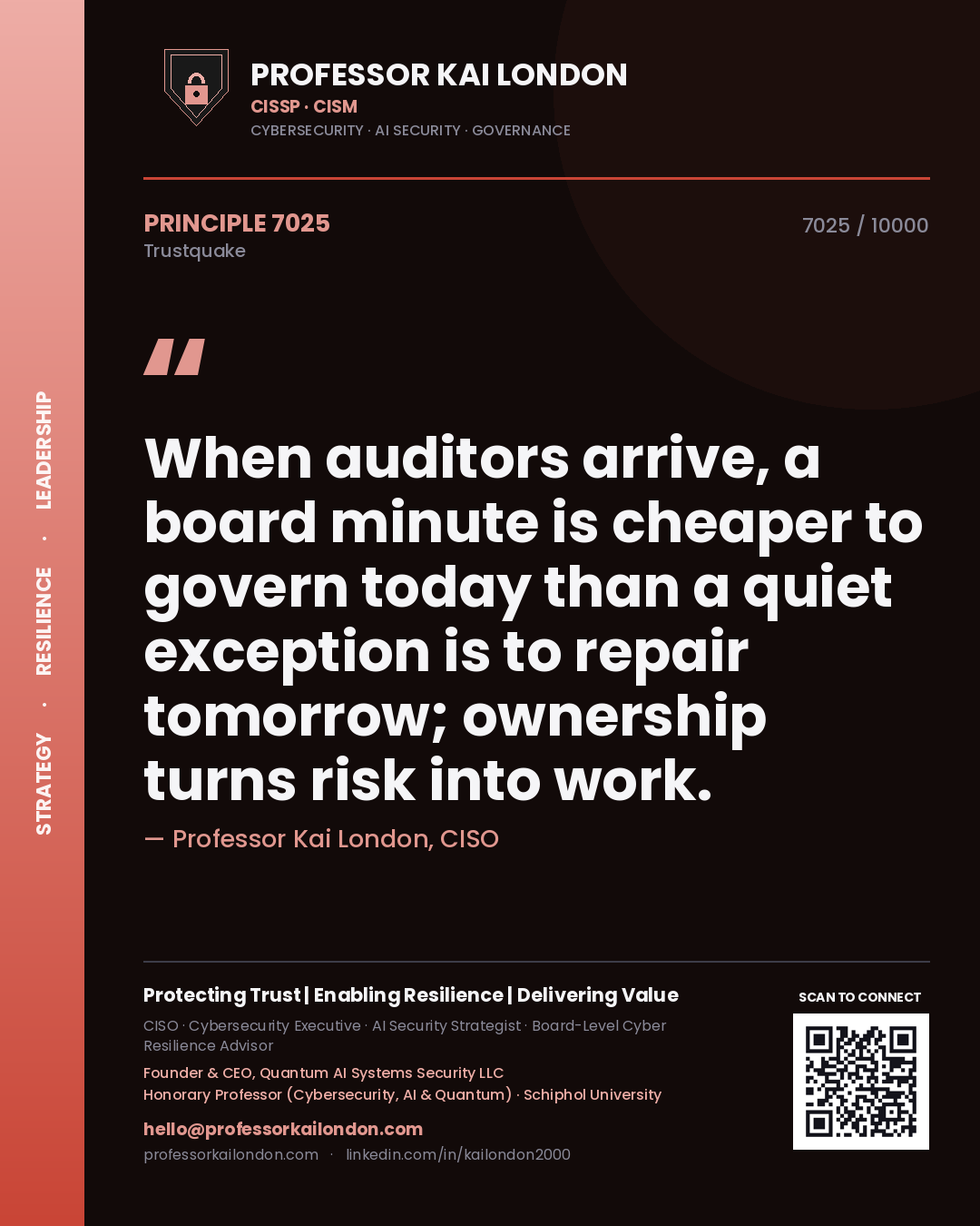 Professor Kai London principle 7025: When auditors arrive, a board minute is cheaper to govern today than a quiet exception is to repair tomorrow; ownership turns risk into work.
