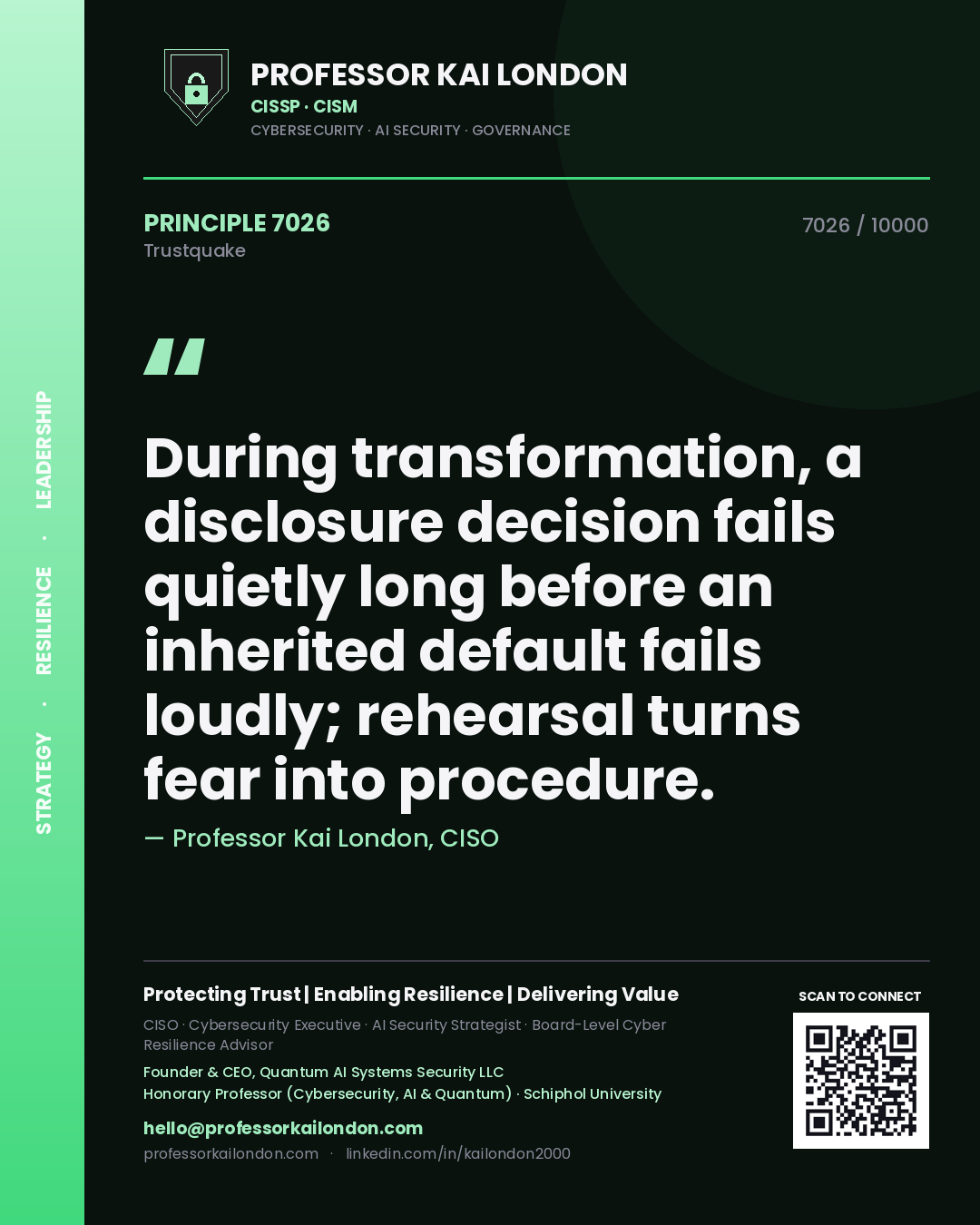 Professor Kai London principle 7026: During transformation, a disclosure decision fails quietly long before an inherited default fails loudly; rehearsal turns fear into procedure.