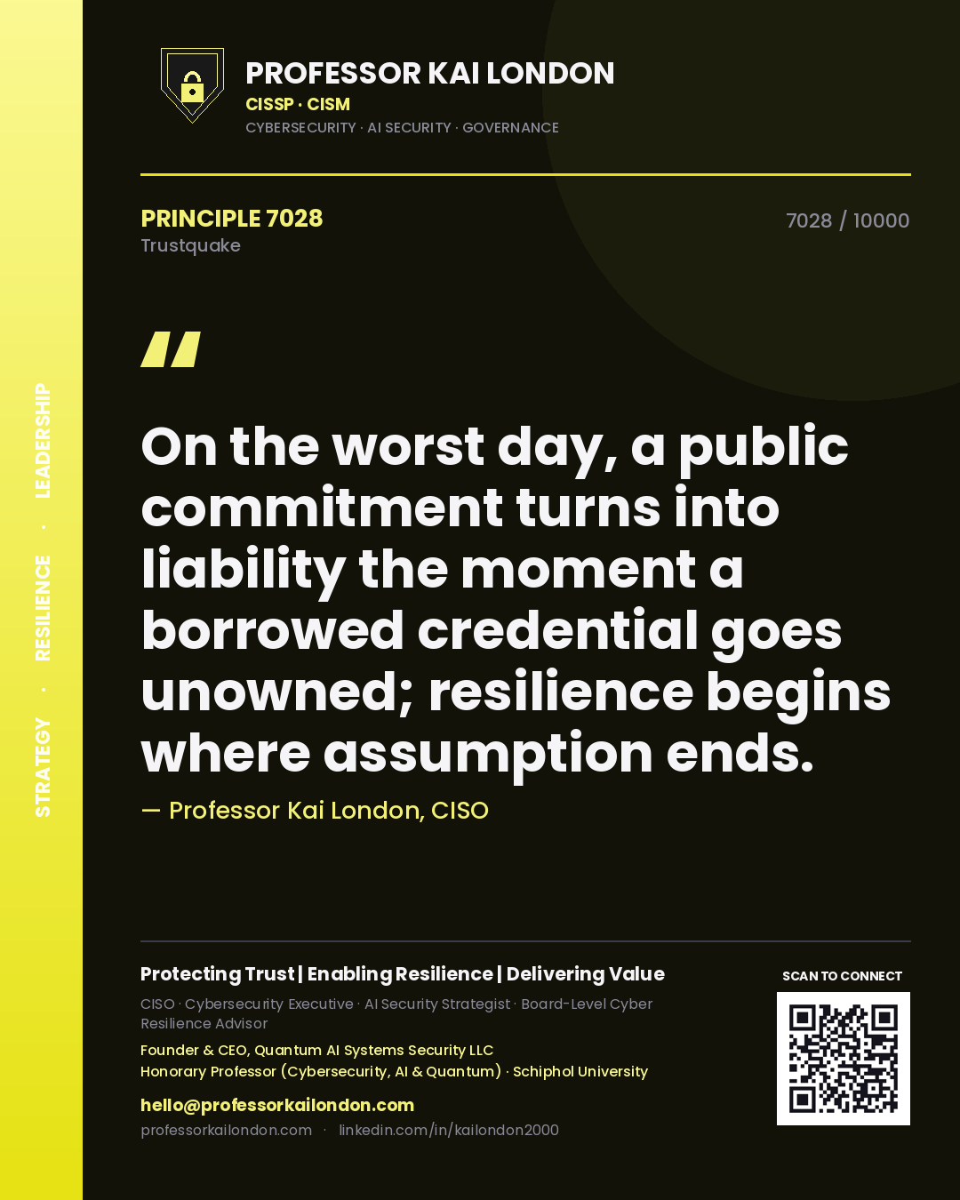 Professor Kai London principle 7028: On the worst day, a public commitment turns into liability the moment a borrowed credential goes unowned; resilience begins where assumption ends.