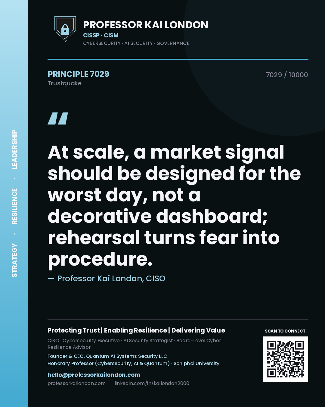Professor Kai London principle 7029: At scale, a market signal should be designed for the worst day, not a decorative dashboard; rehearsal turns fear into procedure.