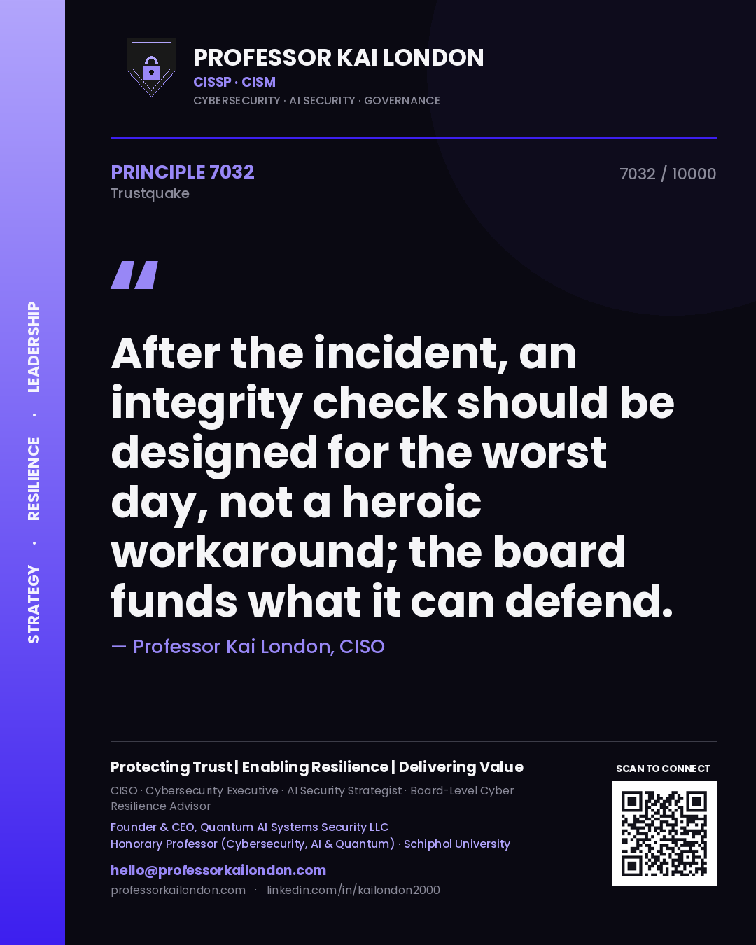 Professor Kai London principle 7032: After the incident, an integrity check should be designed for the worst day, not a heroic workaround; the board funds what it can defend.